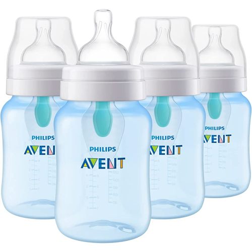 Philips Avent Anti-Colic Bottle with AirFree Vent, 9oz, with Flow 2 Nipples, 1m+, 4pk, Blue, SCY703/24