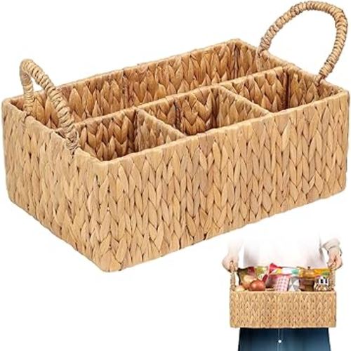 Divided Water Hyacinth Baskets with Handles, Storage Basket Woven Natural for Organizing Bathroom Kitchen Shelves Office Supplies Organization, Wicker Storage Baskets 4 Section Rectangular Tray