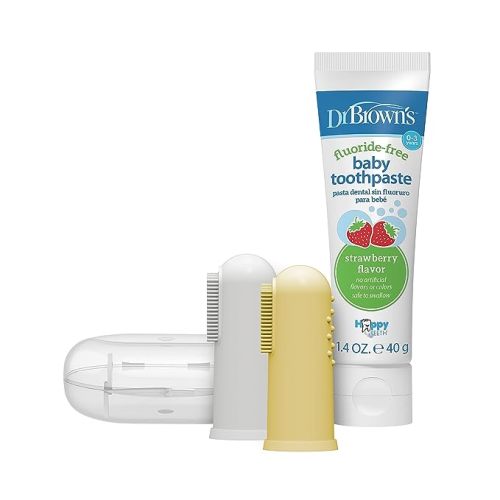 Dr. Brown's 100% Silicone Baby Finger Toothbrush and Toothpaste Set, 2-Pack Toothbrush with Storage Case, Fluoride-Free Strawberry Toddler Toothpaste, Gray & Light-Green