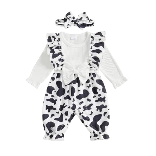 Western Baby Girl Clothes Horse Print Romper Bow Patchwork Jumpsuit Ruffle Sleeve Bodysuit Infant Cowgirl Outfit