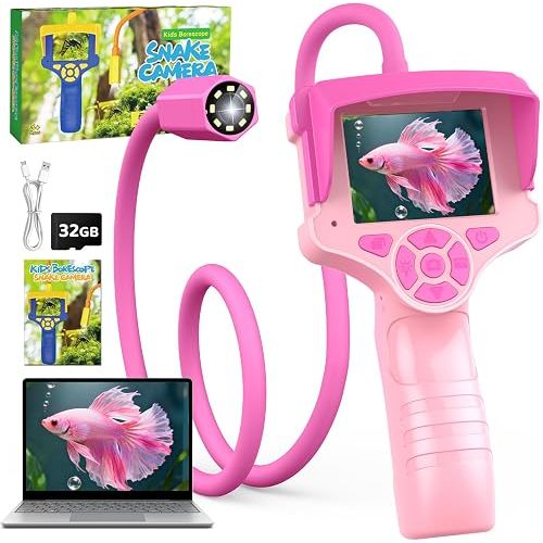 Borescope Snake Camera with Light, Kids Summer Outdoor Camping Toys for 5 6 7 8 9 10 Year Old Girl, STEM Educational Toy for Hiking, Science Birthday Gift for Girls, Built-in 32G SD Card & Sun Visor