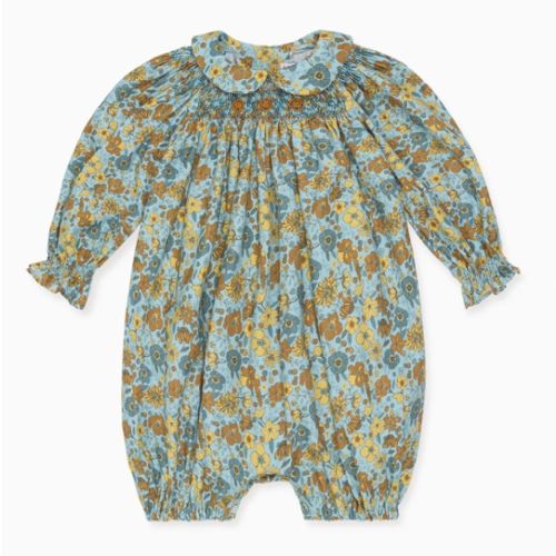 Blue Floral Palma Hand‑Smocked Romper | Floral Baby Girl Romper – La Coqueta Kids