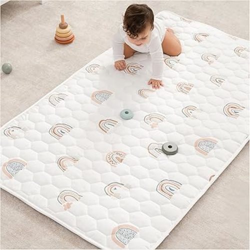 Comfy Cubs Rectangle Kids Play Mat - Small 36 x 60 inches Soft Quilted Baby Floor Mat with Non-Slip Bottom - Plush Design for Toddlers' Playtime - Comfortable and Durable - Rainbow