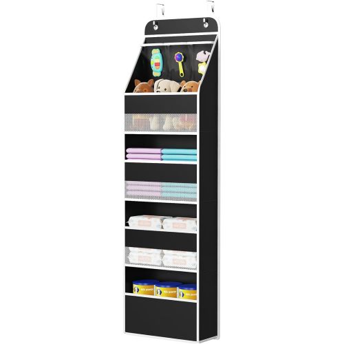 Univivi 5-Shelf Fabric Door Storage Over Door Hanging Organizer with 4 Large Pockets and 3 Small PVC Pockets Nursery Closet Cabinet Wall Mount Hanging Storage Organizers for Baby Nursery (Black)
