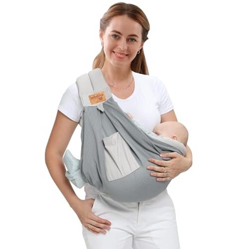 Baby Sling Carrier Newborn, Adjustable Easy Wearing Baby Nursing Warp Sling, New Mom Dad Soft Cotton Baby Front Holder Carrier for Infant Toddler Life Travel Essential Gifts (Light Grey)