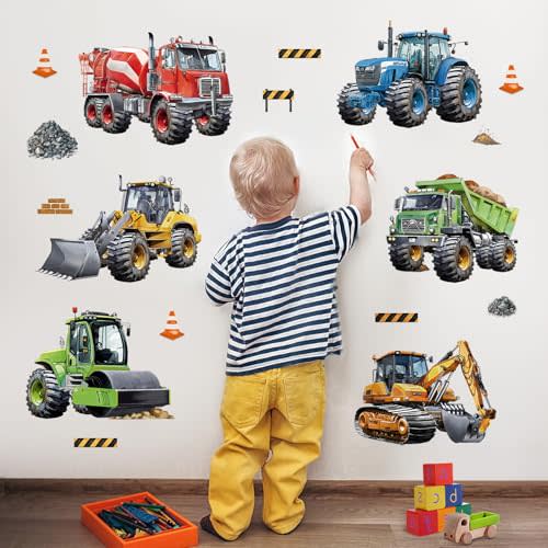 decalmile Construction Cars Wall Decals Trucks Tractor Vehicles Wall Stickers Baby Nursery Boys Bedroom Kids Room Wall Decor