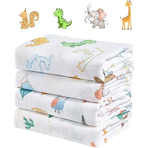 4-Pack 100% Cotton Muslin Swaddle Blankets, Large 47 x 47 Inches — Breathable Soft Receiving Blankets for Newborns, Swaddling Wraps, Baby Essentials, Registry Gift (Wild Jungle Friends)
