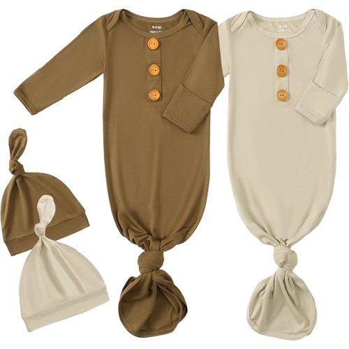 OPAWO Knotted Gown Baby Newborn Sleepers Baby Boy Coming Home Outfit, Bamboo Viscose Baby Gowns with Mitten Cuffs and Hat Set