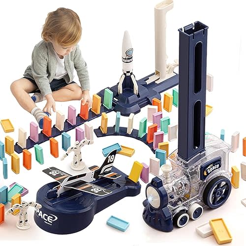 B-Qtech Domino Train Toy for Kids Airplane Rocket Launcher Electric Train 200pcs Dominoes Blocks Set Creative Kids Games Gift for Boy Girl Ages 3-8
