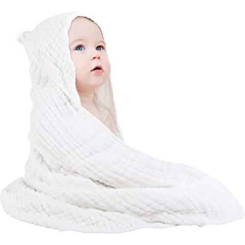 Yoofoss Hooded Baby Towels for Newborn 100% Muslin Cotton Baby Bath Towel with Hood for Babies, Infant, Toddler and Kids, Large 32x32Inch, Soft and Absorbent Newborn Essential