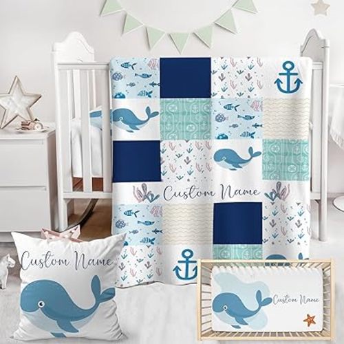 Personalized Baby Crib Bedding Set,3 Piece Custom Name Nursery Set with Blanket, Fitted Sheet & Pillowcase for Baby Girls & Boys, Ocean Wonders Theme(Fixed Size)