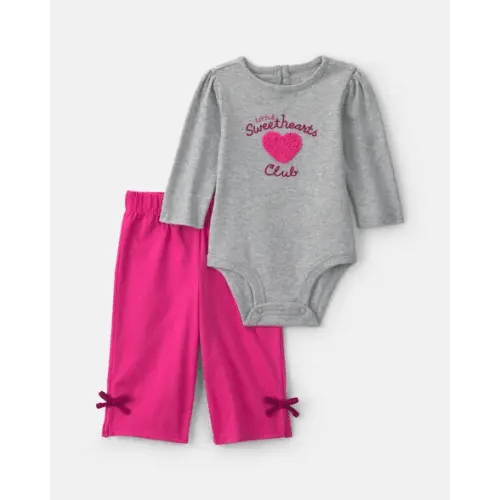 Baby Girl 2-Piece 'Little Sweethearts Club' Long-Sleeve Bodysuit & Pant Set - Pink/Grey | Carter's