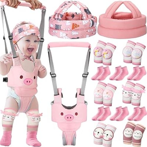 Panitay Baby Walking Harness with Anti Slip Knee Pads for Crawling Baby Socks 2 Baby Safety Helmet for 0-36 Months(Pink,Pig)