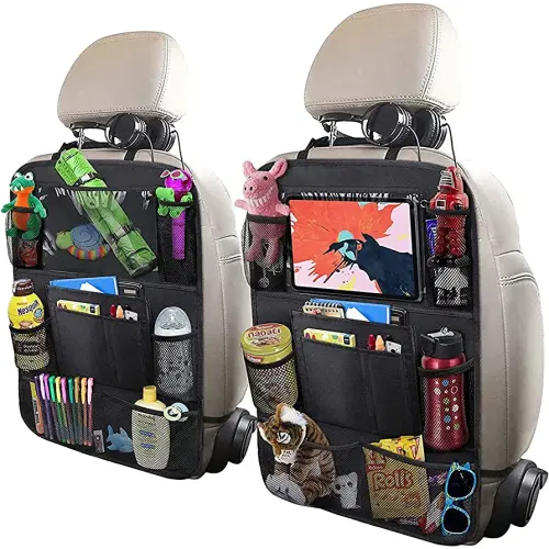 Car Backseat Organizer with 10" Table Holder, 9 Storage Pockets Seat Back Protectors Kick Mats for Kids Toddlers, Travel Accessories, 2 Pack
