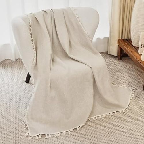 100% Pure Linen Blanket with Fringe, 49.6" x 59.8" - Blankets Lightweight Breathable, Decorative Linen Throw Blanket for Living Room Couch Sofa and Bed,Linen