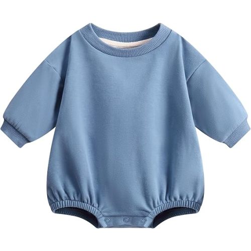 Bafeicao Baby Boy Girl Sweatshirt Romper Organic Cotton Solid Color Long Sleeve Bubble Romper Oversized Warm Fall Winter