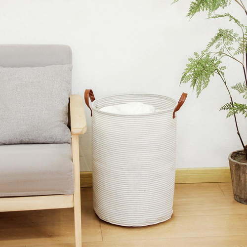 Large Size Laundry Basket,48 L Collapsible Cotton Fabric Laundry Hamper,Foldable Clothes Laundry Bag with Handles for Clothes Toys-Gray Striped
