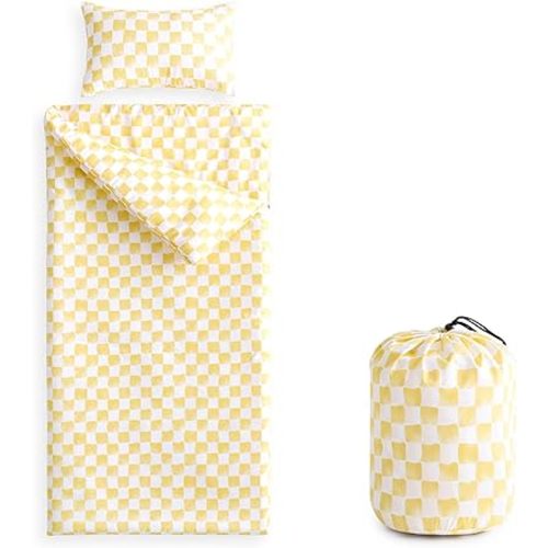 Wake In Cloud - Sleeping Bag for Kids Toddlers Boys Girls, Portable Compact Lightweight Backpacking Nap Mat with Pillow and Blanket, Gingham Grid Checkered, Yellow White, 55" x 30"