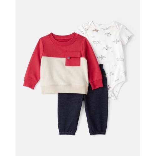 Baby Boy 3-Piece Airplane Sweatshirt Outfit Set - Red/Ivory | Carter's