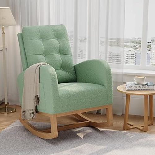 GarveeHome Nursery Rocking Chair, Teddy Fleece Upholstery, Sturdy Wooden Legs & High Backrest, Comfortable Glider Rocking Chair for Living Room or Bedroom, Light Green