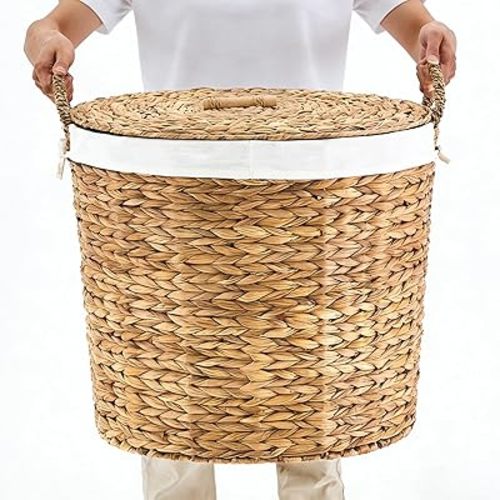 Round Laundry Hamper with Lid and a Removable Liner Bag, Handwoven Water Hyacinth Laundry Basket for Laundry Room Bedroom (Natural, L)