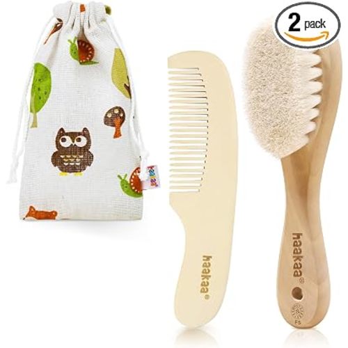 haakaa Baby Hair Brush and Comb Set for Newborns & Toddlers - Natural Soft Wool Bristles and Wooden Handle, Gently Grooms Baby's Hair, Ideal for Cradle Cap, Perfect Baby Gift, 2pk