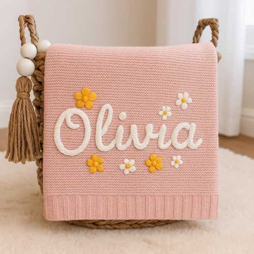 Personalized Hand Embroidered Knit Baby Blanket, Custom Name Swaddle Blanket, Flower Blanket, Baby Shower Gift, Newborn Gift, Nursery Decor