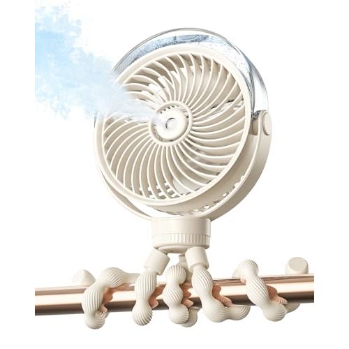 SWEETFULL Misting Stroller Fan – Portable Baby Fan with Spray Cooling, 4 Speeds, Quiet Rechargeable Fans for Travel, Outdoor, Golf Cart, Car Seat, Beach (Beige)