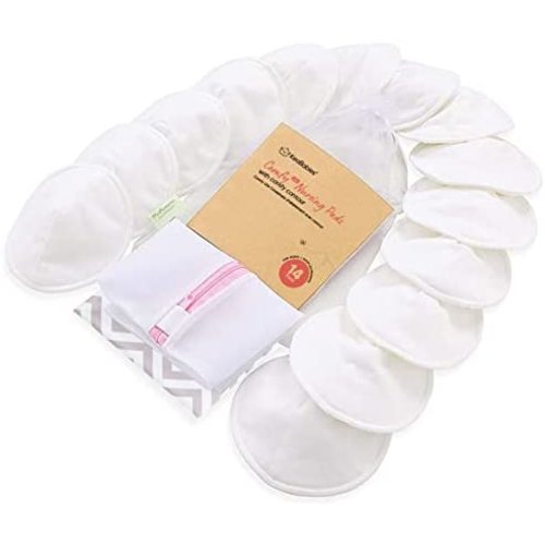 Organic Bamboo Nursing Breast Pads - 14 Washable Pads + Wash Bag - Breastfeeding Nipple Pad for Maternity - Reusable Nipplecovers for Breast Feeding (Soft White, X-Large 5.5")