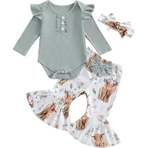 SIZE: 6-9 MONTHS My First Rodeo Baby Girl Outfit Newborn Spring Cowgirl Western Clothes Long Sleeve Romper Bell Bottom Pants 3Pcs Set