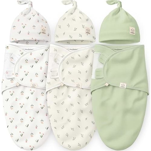KeaBabies 3-Pack Swaddles for Newborns, Girls, Boys with Hats - Organic Soft Baby Sleep Sacks, Breathable Baby Swaddle 3-6 Months Beanies Set, Premie Infant Sleep Sack 0-3 Months (Fleur)
