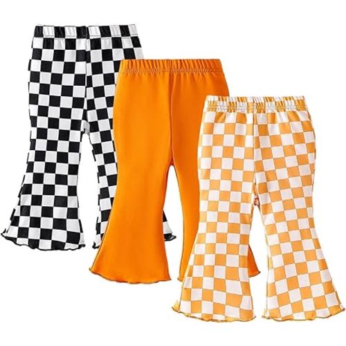 SOBOWO Checkered Baby Girl Flare Pants 3 Pack Toddler Bell Bottoms Plaid Ruffle Leggings Pants Fall Winter Outfits Size 6M-4T