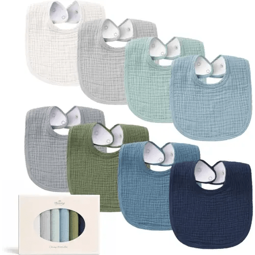 Konssy 8-Pack Muslin Baby Bibs, Adjustable Fit for Drooling and Teething