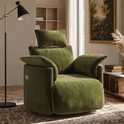 Bestier Power Lift Swivel Recliner Chair, Electric Infinite Recline Backrest & Footrest, 270° Swivel Chair with Adjustable Headrest, Olive Green