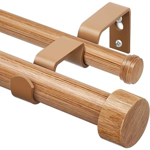 KAMANINA Wood Double Curtain Rod for Windows 66 to 120 Inches (5.5-10 Feet), 1 Inch Heavy Duty Long Curtain Rods for Windows, Wood Grain Telescoping Drapery Rods with End Caps