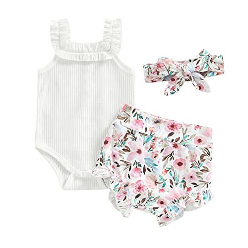 3pcs Toddler Girls Summer Outfits Ribbed Halter Crop Top Romper Bodysuit +Floral Bloomer Shorts+Headband Clothes Set