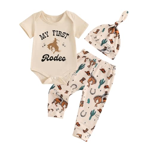 SAYOO This Is My First Rodeo Country Cowboy Funny Infant Baby Boy Bodysuit Long Pants Hat 3Pcs Western Coming Home Outfit