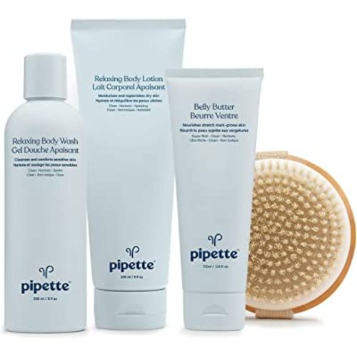 Pipette To Mama Gift Set - 4-Piece Moisturizing Kit with Dry Brush, for Dry Skin, Coconut & Orange Scented
