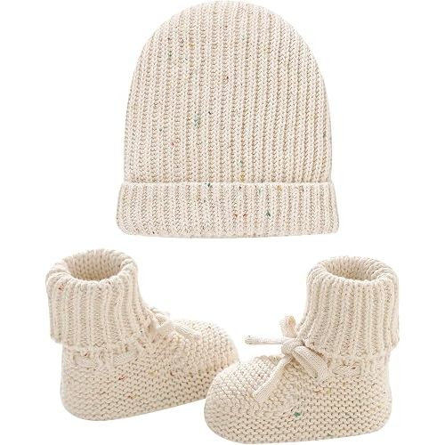 LAWKUL Baby Beanie and Booties 2-Piece Set | Newborn, Knit Hat, Cotton Sock Shoes, Warm Skull Cap, Infant Boy Girl