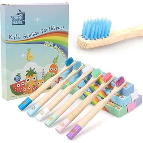 Kids Bamboo Toothbrushes, BPA-Free Soft Bristles, Eco-Friendly Natural Wooden Toddler Toothbrush, 6-Pack Travel Toothbrushes Set for Children