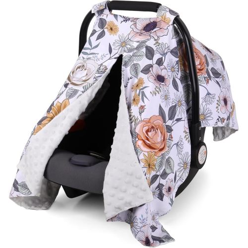 Rquite Baby Car Seat Cover, Carseat Covers Baby Girl, Minky Infant Car Seat Cover Winter, Peekaboo Opening Car Seat Canopy, Multi-use Baby Carrier, Stroller, Nursing Cover, Minky Blanket, Floral