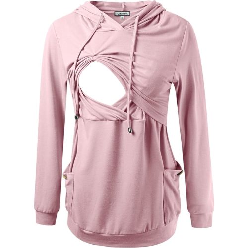 GINKANA Womens Nursing Hoodie Top Sweatshirt Long Sleeve Button Decoration Pockets Shirts Tunic Top