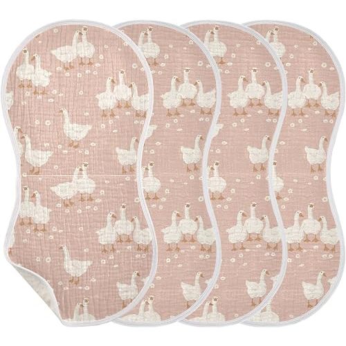 Goose Flower Pattern On Pink Muslin Burp Cloths for Baby 4 Pack Soft 100% Cotton Baby Washcloths Bibs for Boy Girl