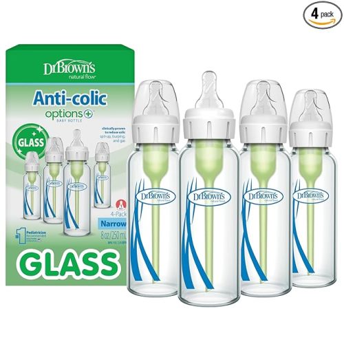 Dr. Brown's Anti-Colic Options+ Narrow Glass Baby Bottle with Level 1 Slow Flow Nipple, BPA-Free, 8 oz/250 mL, 0m+, 4-Pack (Packaging May Vary)