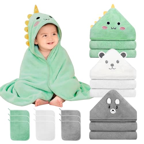 ＤＲＵＮＳＰＤＳ 12 PCS Hooded Baby Towel Set, 32x32 Inch Absorbent Baby Bath Towels, 3 PCS Soft Hooded Towels & 9 PCS Washcloths, Unisex Baby Gift Set for Newborns, Babies, Toddlers (Green + Gray + White)