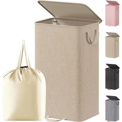 Lifewit Single Laundry Hamper with Lid and Removable Laundry Bags, Large Collapsible 1 Dividers Dirty Clothes Basket with Handles for Bedroom Laundry Room Closet Bathroom College, 100L Beige