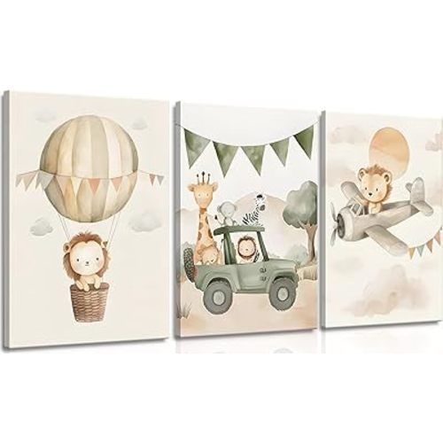 MJVCFWNS 3Pcs Animals Nursery Canvas Wall Art Neutral Wild Animals Painting Picture Wall Decor Wilderness Adventure ThemePoster Printing Artwork for Living Room Bedroom Kids Room Home Decor