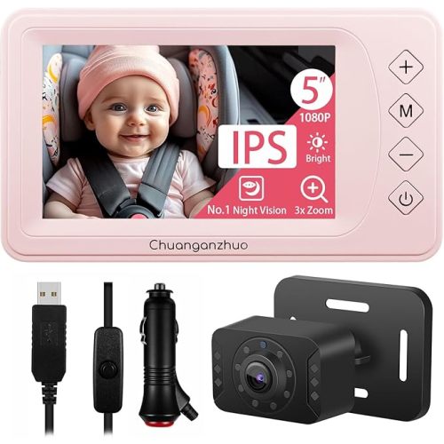 5'' Baby Car Camera with NO.1 Night Vision, USB Powered, Mirror/Normal Mode, 1080P IPS Crystal-Clear Car Baby Monitor With Brightness Setting & 3X Zoom, infant Backseat Camera, S100U, 5inch Black