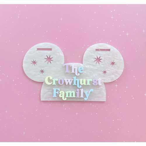 Pastel Mouse Stroller Tag, Stroller Sign: pearl with rainbow writing; the wilkinson family