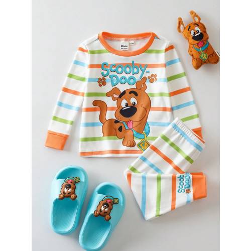 SCOOBY-DOO X SHEIN 2pcs Baby Boy Cute Cartoon Puppy, Letter, Colorful Stripe Print Round Neck Long Sleeve Top And Pants Casual Elastic Snug Fit Pajama Set Baby Boy Sleepwear Pj Baby Boys Sets (night set)